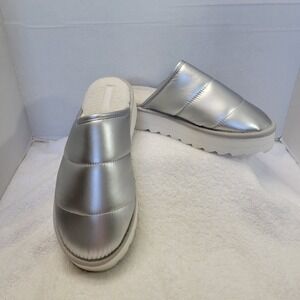 Anthropologie Maeve Women's Size L Puffy Platform Slippers Silver White Slip On